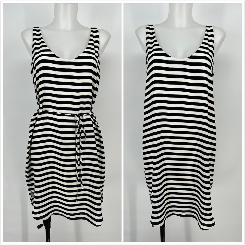 Ann Taylor LOFT Striped Belted Shift Dress Medium Navy Blue White Sleeveless Mid